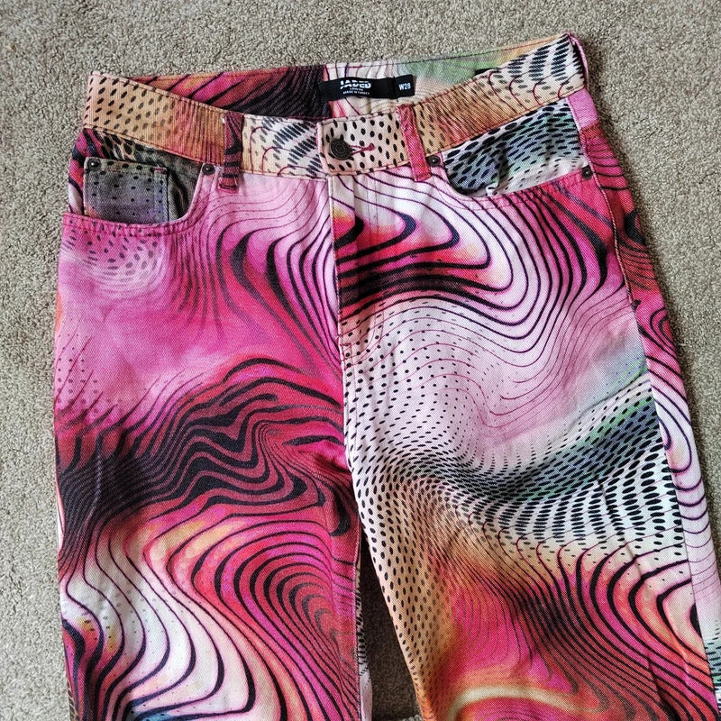 Jaded London Y2K Swirl Print Rigid Slouchy Boyfriend Jeans - Size W28