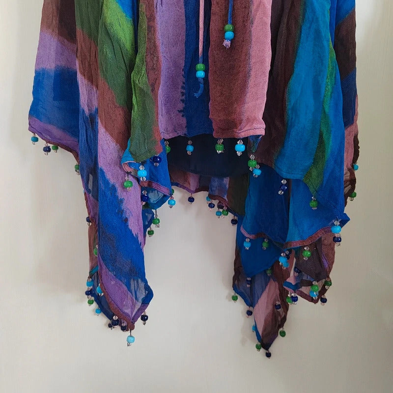 Zara Peacock Blue Striped Handkerchief Hem Beaded Mini Skirt – Size Small