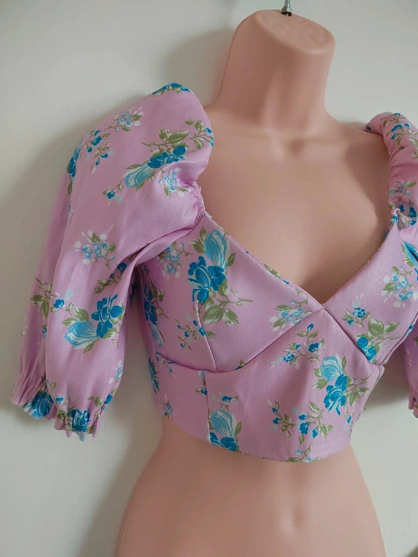 I Saw It First Pink & Blue Floral Puff Sleeve Corset Crop Top – Size UK 8 NWT