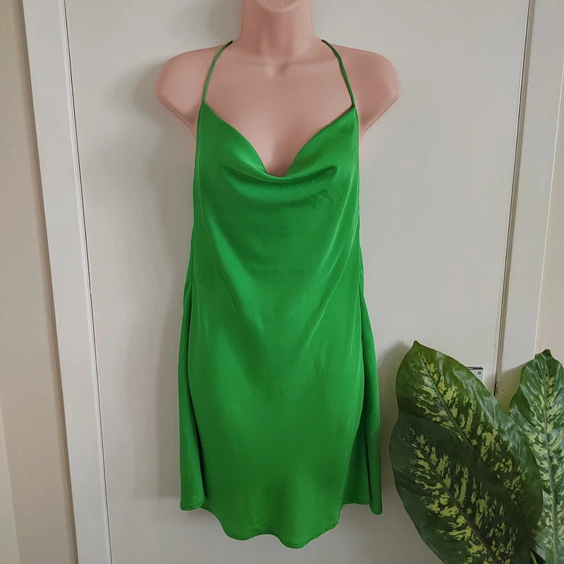 Stradivarius Green Satin Cowl Neck Halter Mini Dress – Size Medium – NWT