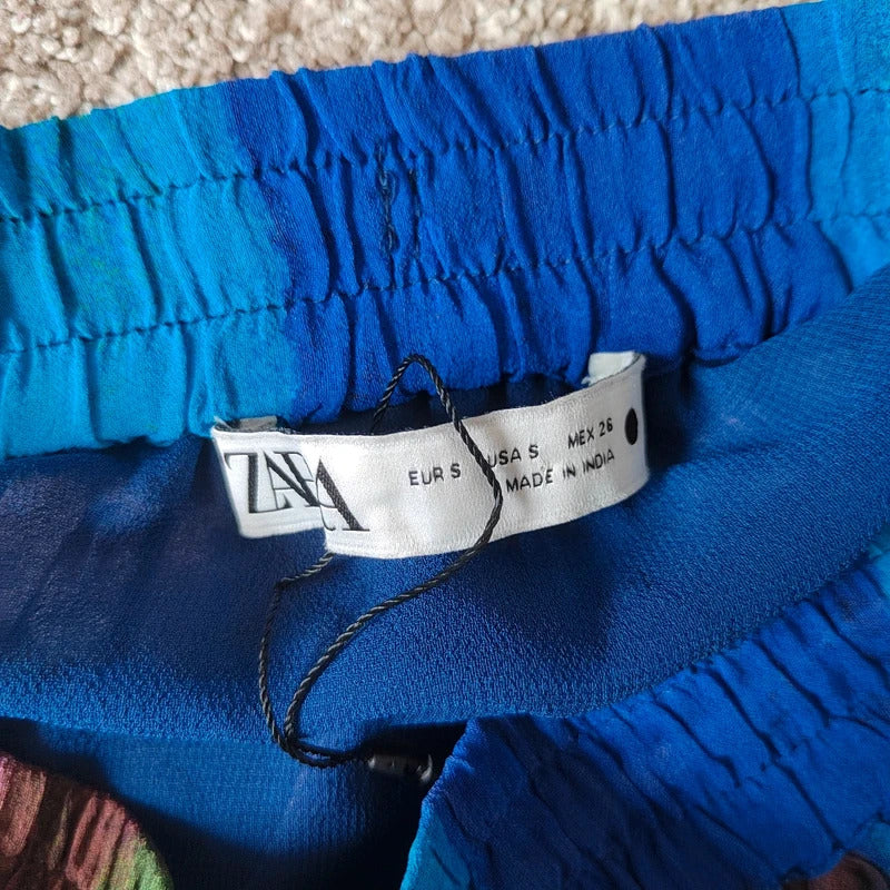Zara Peacock Blue Striped Handkerchief Hem Beaded Mini Skirt – Size Small