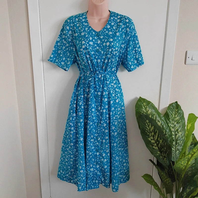 Vintage Eric Hill Blue & White Floral Button-Front Midi Tea Dress – Approx UK 14/16