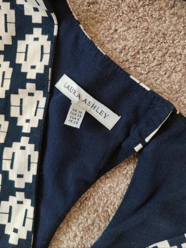 Vintage Laura Ashley Sleeveless V-Neck Shift Dress – Navy & Cream Mandala Print - Size 10