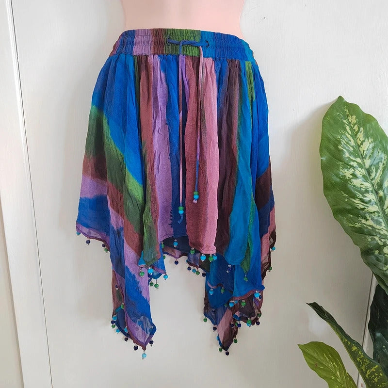 Zara Peacock Blue Striped Handkerchief Hem Beaded Mini Skirt – Size Small