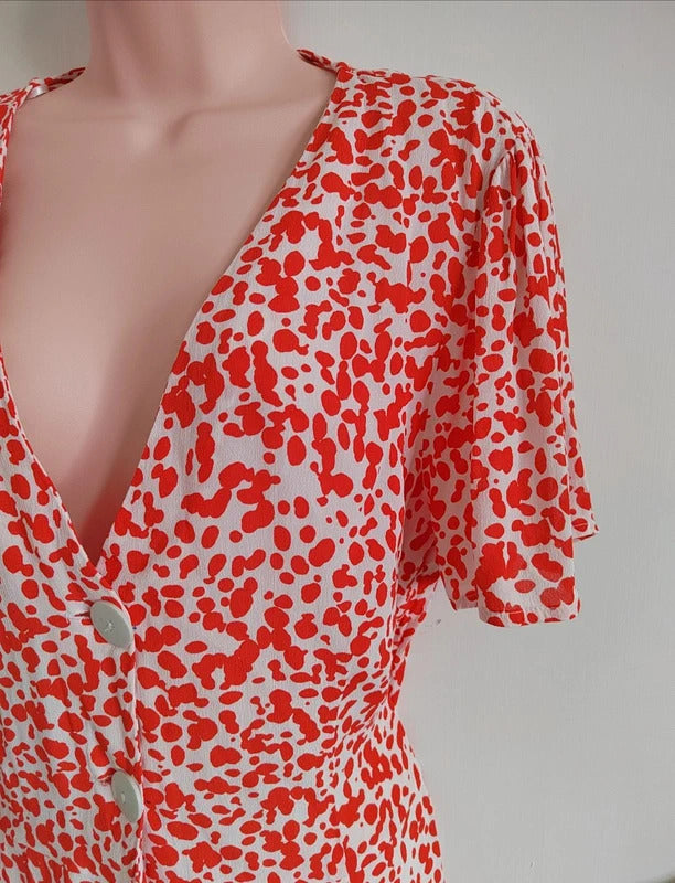 River Island Red and White Animal Print Button-Front Tea Top – Size 12