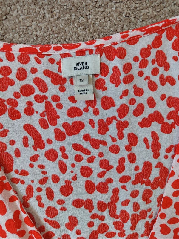 River Island Red and White Animal Print Button-Front Tea Top – Size 12