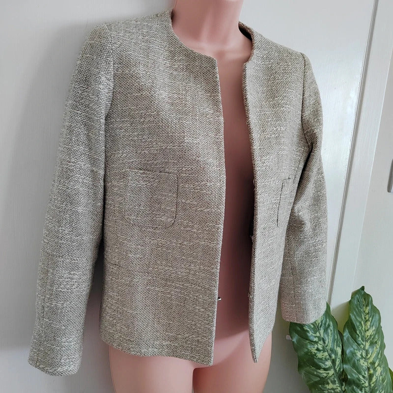 Vilagallo Tailored Collarless Tweed Wool Blazer - Size 12
