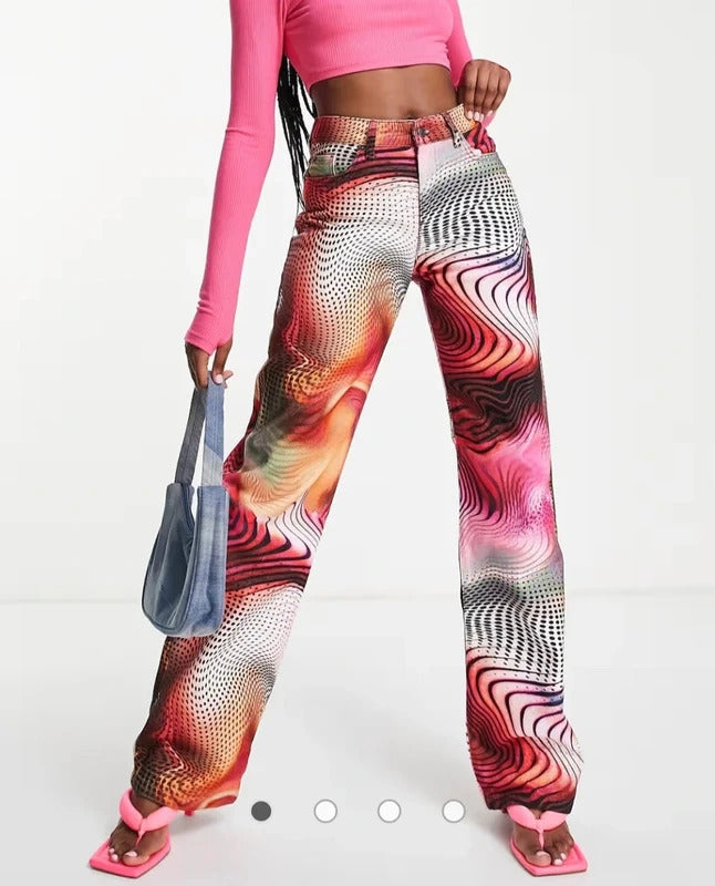 Jaded London Y2K Swirl Print Rigid Slouchy Boyfriend Jeans - Size W28