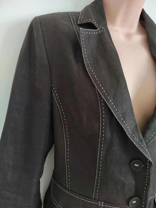 Vintage Next Chocolate Brown Contrast Stitch Tailored Blazer Jacket – Size UK 12