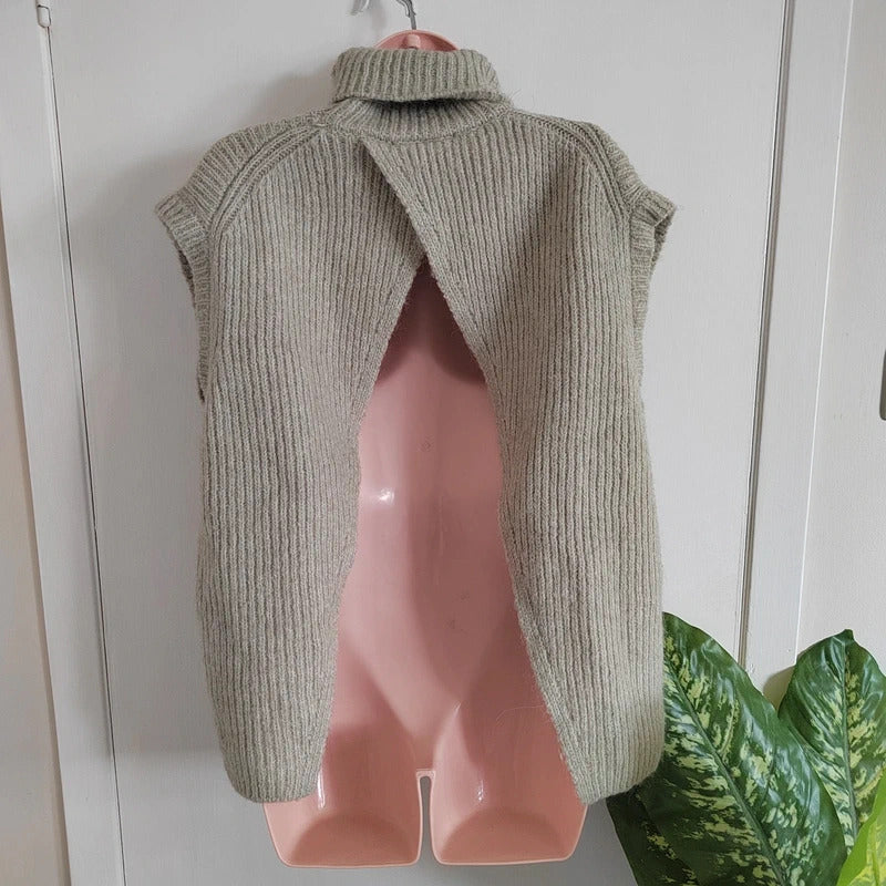 Zara Oatmeal Ribbed Knit Turtleneck Sweater Vest – 9% Wool Blend – Size Large