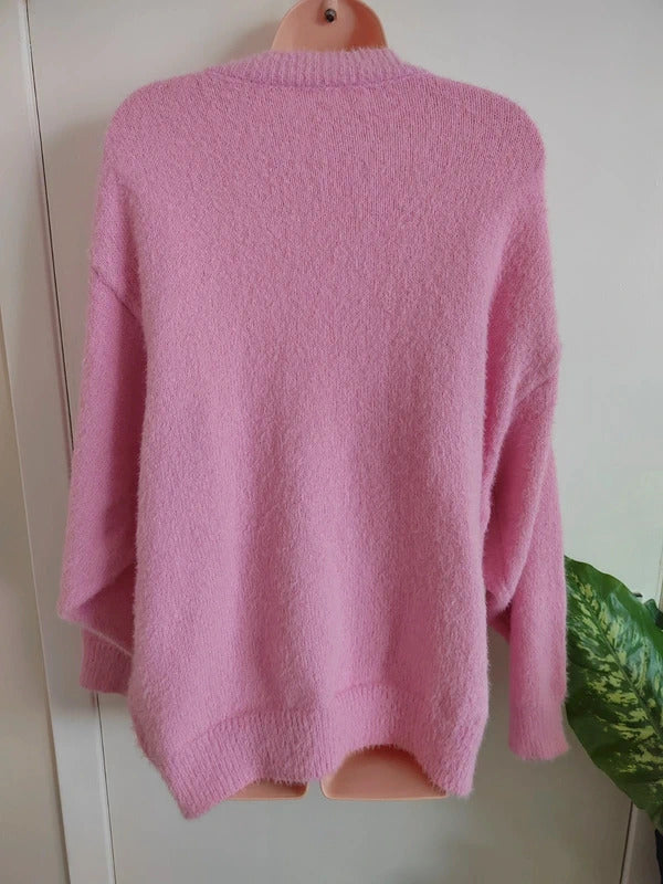 SHEIN Curve Pink Faux Pearl Embellished V-Neck Oversized Sweater – Size XL