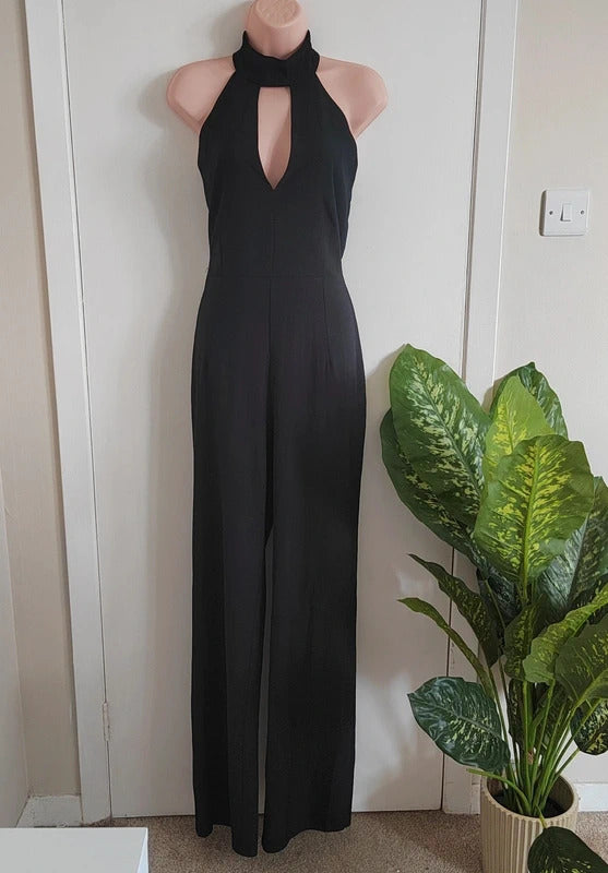 Vesper High Neck Keyhole Wide Leg Jumpsuit – Classic Black - Size 12