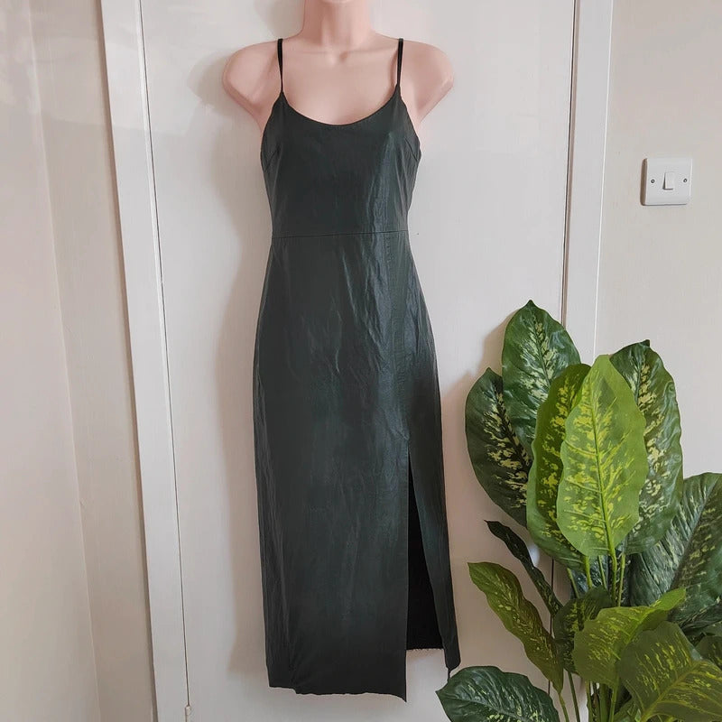 Zara Faux Leather Spaghetti Strap Midi Slip Dress – Size XS