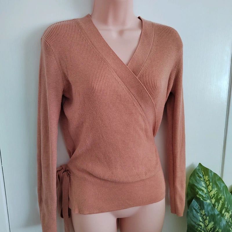 Paisie Terracotta Ribbed Long Sleeve Wrap Knit Jumper – Size Large