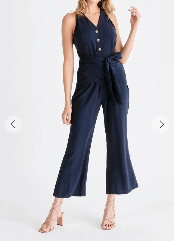 Paisie London Navy Button-Front Waist Tie Wide Leg Jumpsuit – Size UK 12
