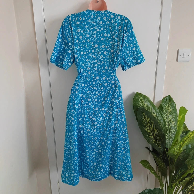 Vintage Eric Hill Blue & White Floral Button-Front Midi Tea Dress – Approx UK 14/16