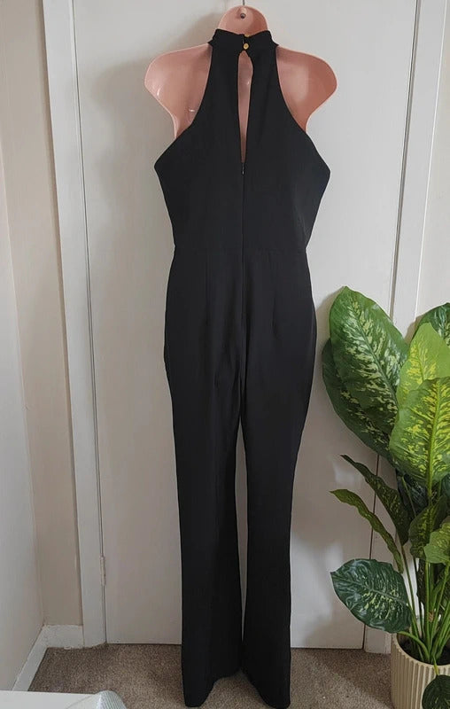 Vesper High Neck Keyhole Wide Leg Jumpsuit – Classic Black - Size 12