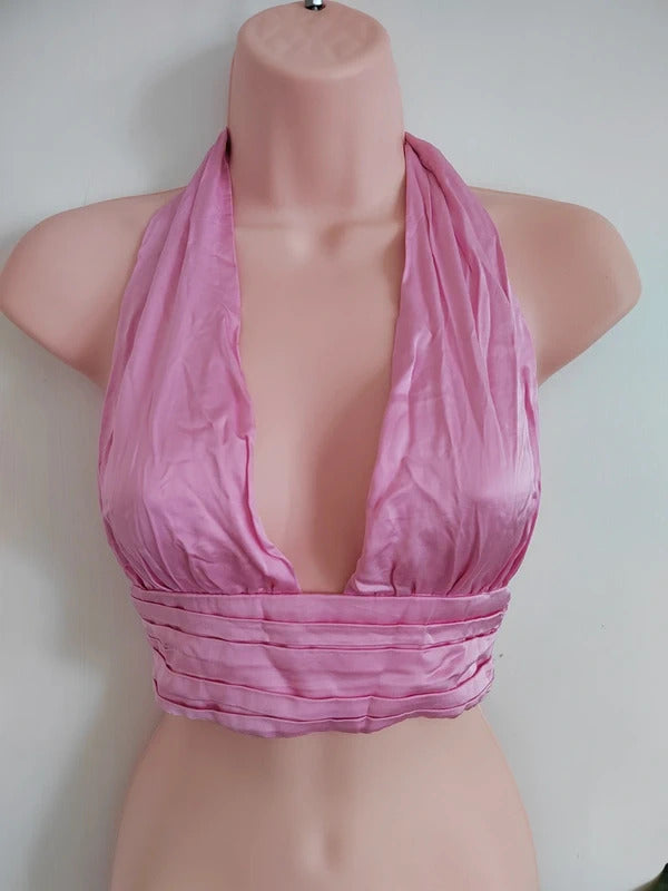NWT Zara Plunging V-Neck Satin Halter Crop Top – Pink Size XS NWT