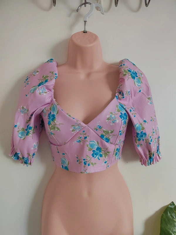 I Saw It First Pink & Blue Floral Puff Sleeve Corset Crop Top – Size UK 8 NWT