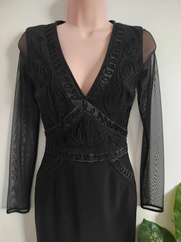 Lipsy Black Embroidered Plunge Bodycon Dress with Mesh Long Sleeves – Size UK 8