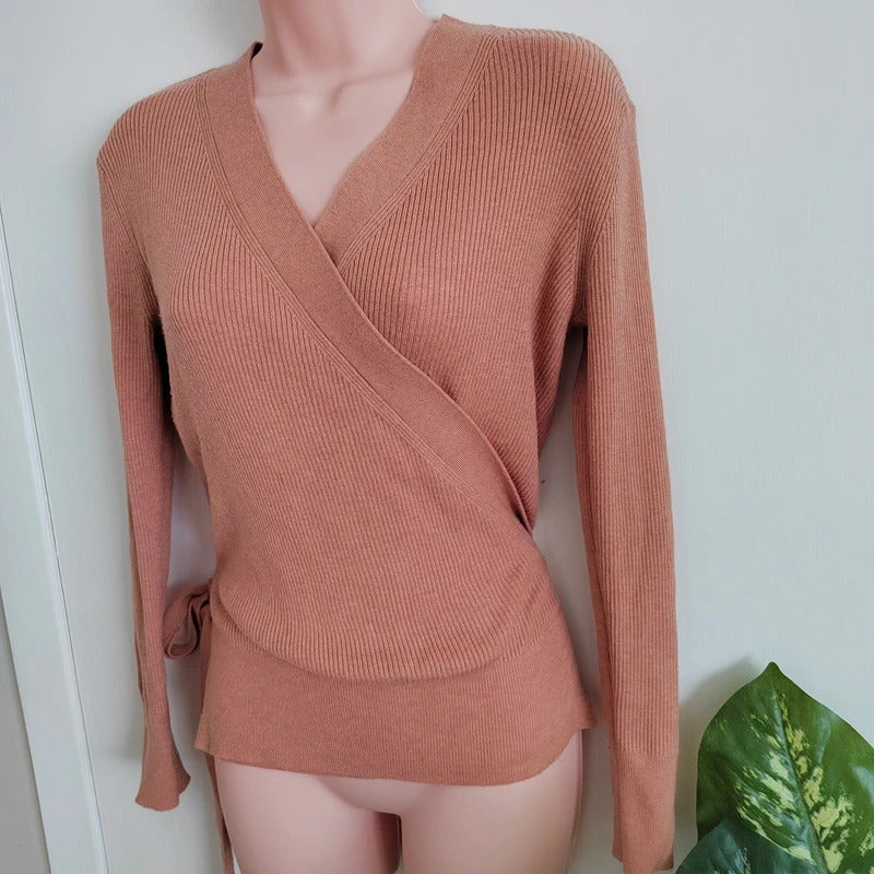 Paisie Terracotta Ribbed Long Sleeve Wrap Knit Jumper – Size Large