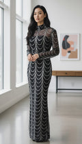 Miss Ord Black & Silver Wave Sequin Mesh Long Sleeve Maxi Gown – Size Small