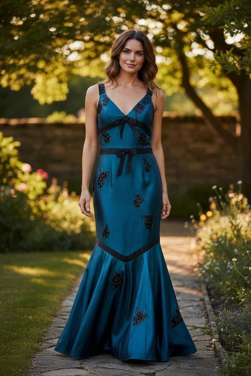 Vintage 90s Bernshaw Teal & Black Beaded Taffeta Mermaid Gown – Size UK 10 – NWOT