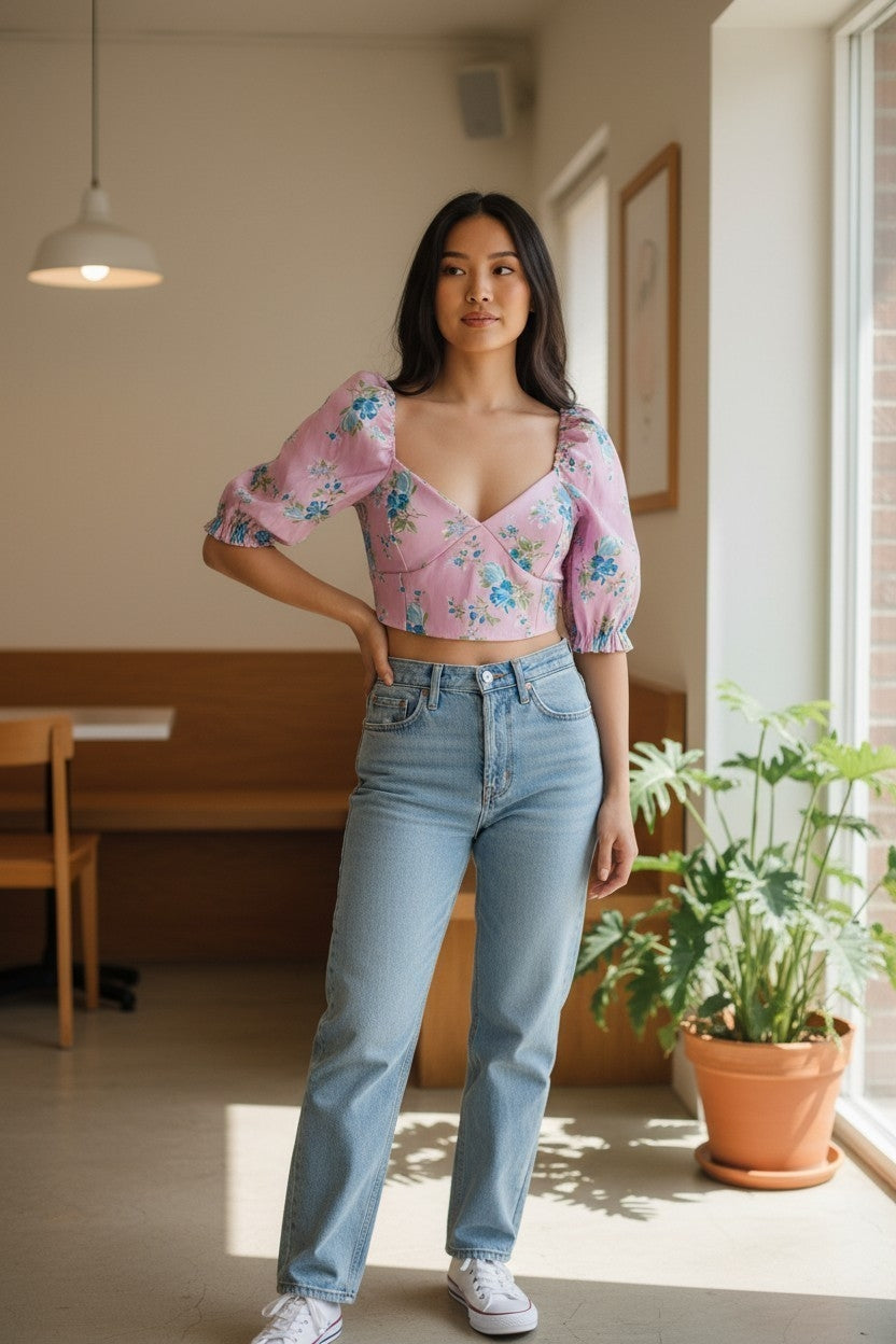 I Saw It First Pink & Blue Floral Puff Sleeve Corset Crop Top – Size UK 8 NWT