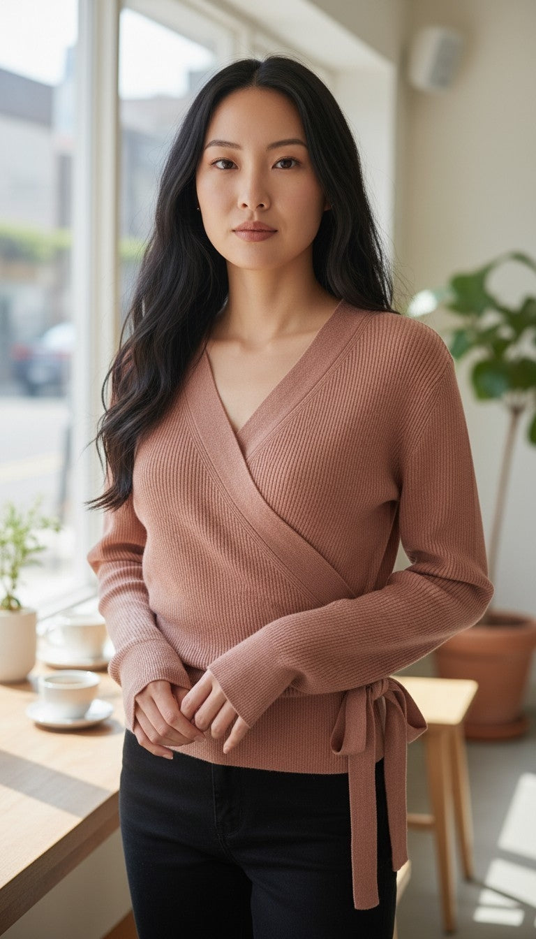 Paisie Terracotta Ribbed Long Sleeve Wrap Knit Jumper – Size Large
