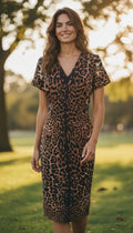Per Una Leopard Print V-Neck Midi Sheath Dress – Size UK 12