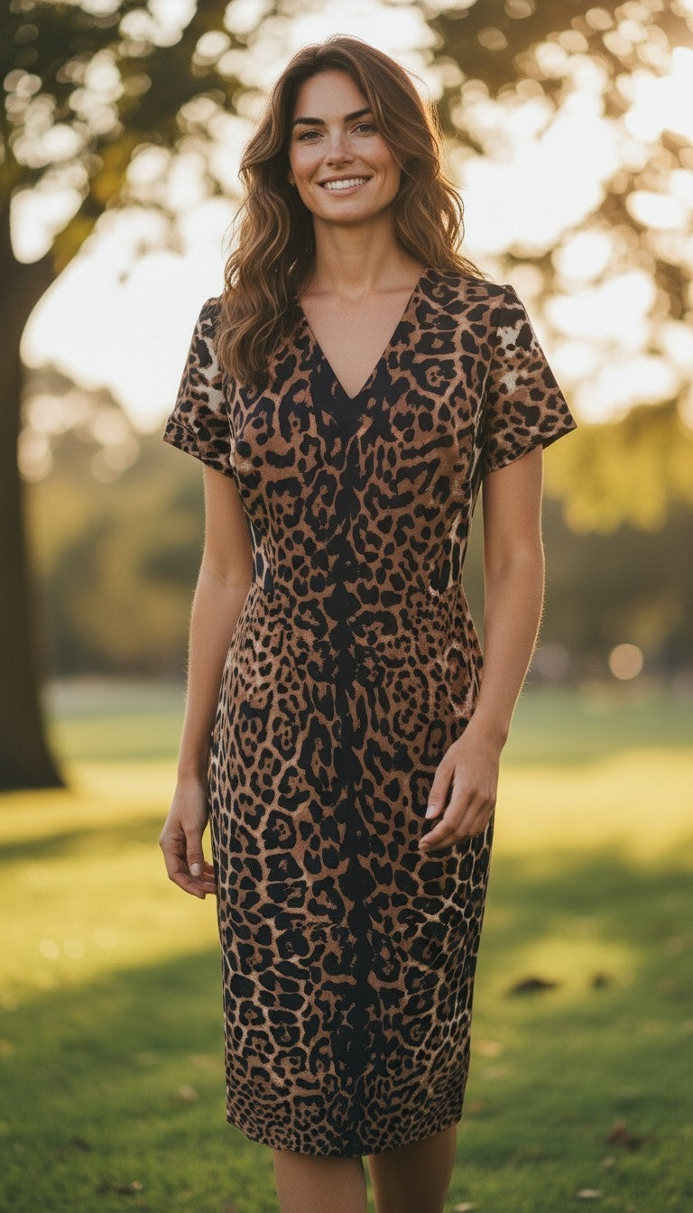 Per Una Leopard Print V-Neck Midi Sheath Dress – Size UK 12