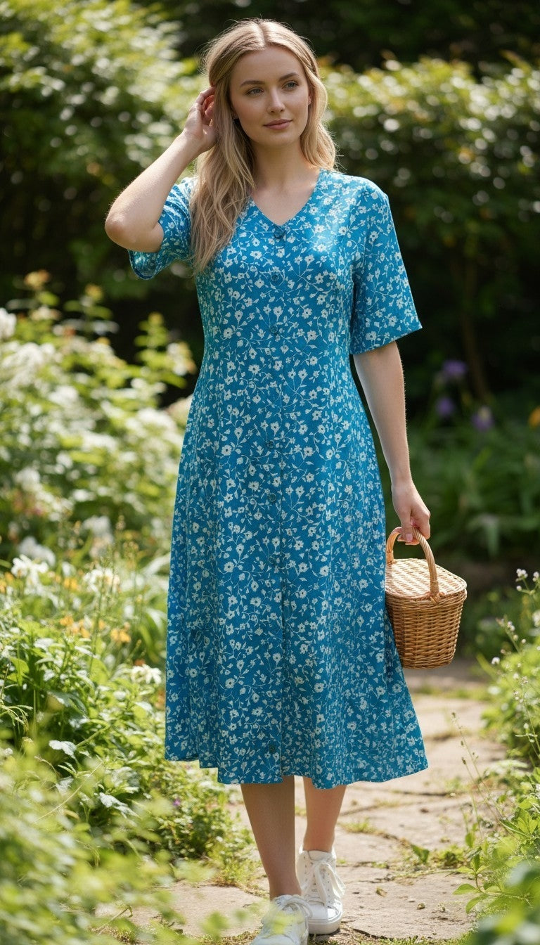 Vintage Eric Hill Blue & White Floral Button-Front Midi Tea Dress – Approx UK 14/16