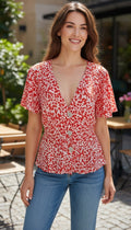 River Island Red and White Animal Print Button-Front Tea Top – Size 12