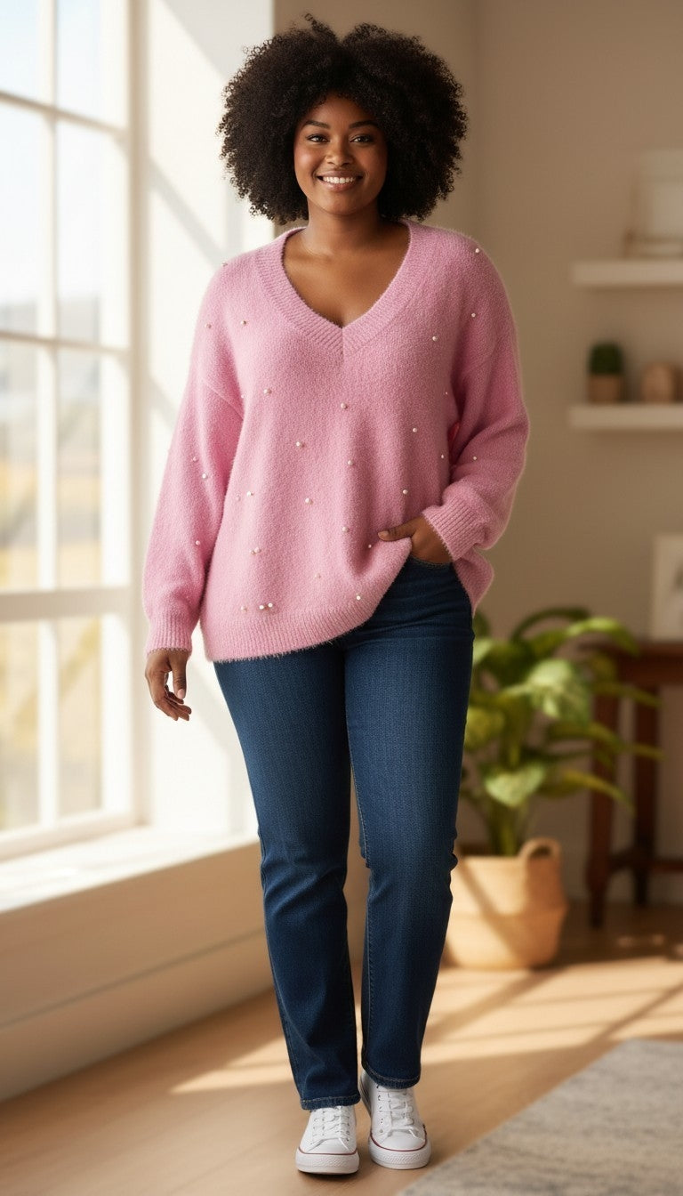 SHEIN Curve Pink Faux Pearl Embellished V-Neck Oversized Sweater – Size XL