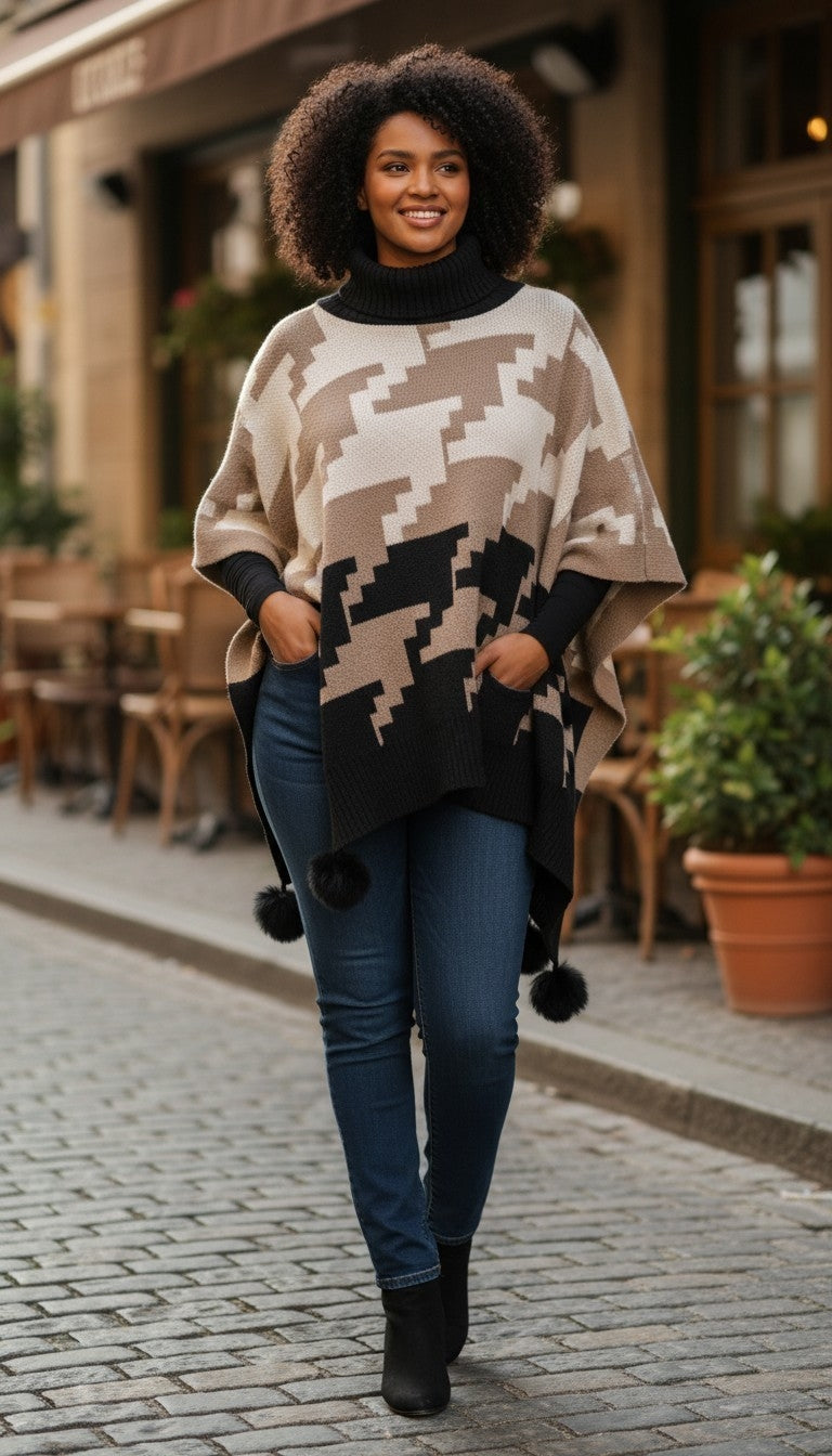 Malissa J Neutral Oversized Houndstooth Roll-Neck Knit Poncho with Faux-Fur Pompoms – One Size