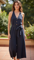Paisie London Navy Button-Front Waist Tie Wide Leg Jumpsuit – Size UK 12