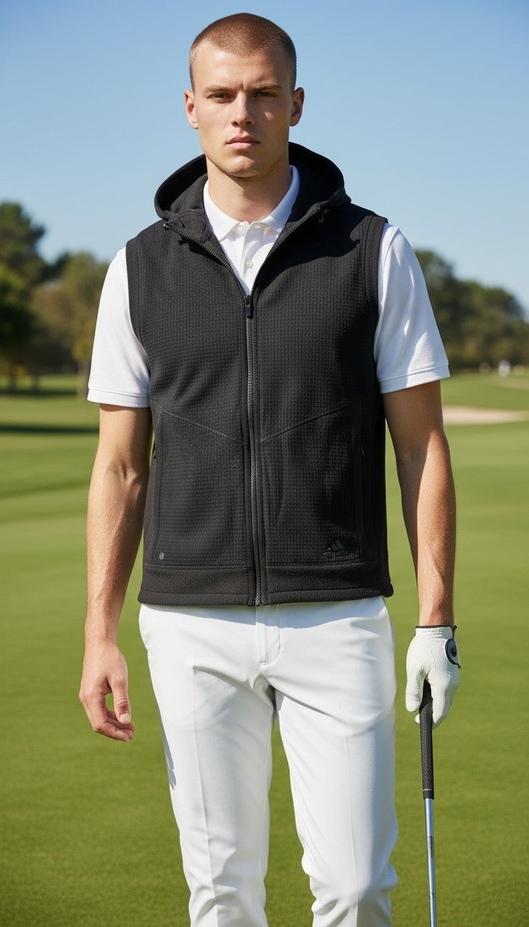 Adidas Golf Men's Statement Full-Zip Fleece Hoodie Gilet – Black – Size Medium