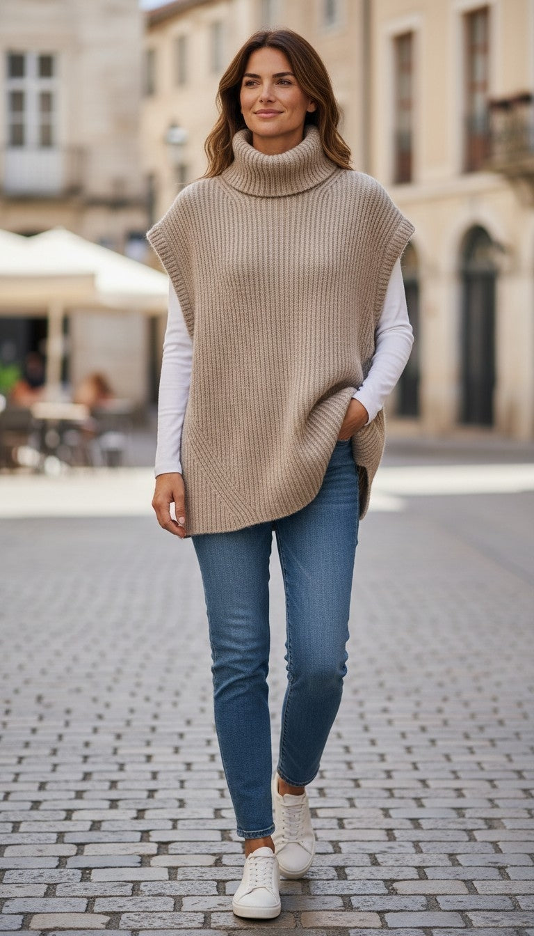 Zara Oatmeal Ribbed Knit Turtleneck Sweater Vest – 9% Wool Blend – Size Large