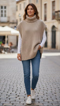 Zara Oatmeal Ribbed Knit Turtleneck Sweater Vest – 9% Wool Blend – Size Large