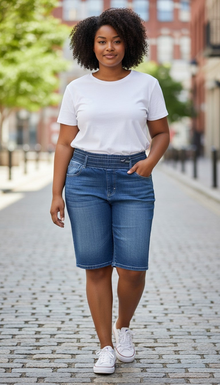 Arizona Blue Wash Elasticated Waist Denim Long Shorts – Plus Size 22 – Brand New With Tags (NWT)