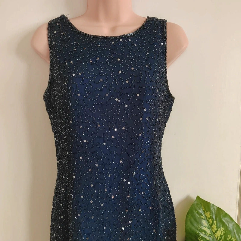 Vintage Dorothy Perkins Navy Fully Beaded Starry Night Column Dress – Size UK 12