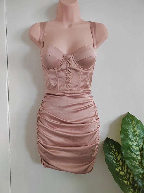 Oh Polly "Sleek Over" Lace-Up Ruched Corset Satin Mini Dress – Size 6 NWT