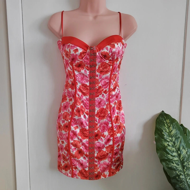 Oh Polly "Pick Me" Floral Hook-and-Eye Corset Mini Dress – Size 8