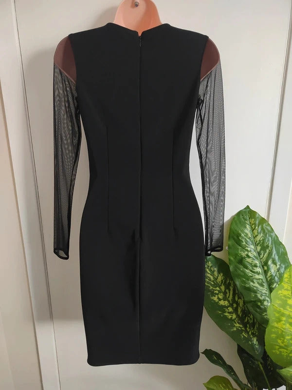 Lipsy Black Embroidered Plunge Bodycon Dress with Mesh Long Sleeves – Size UK 8