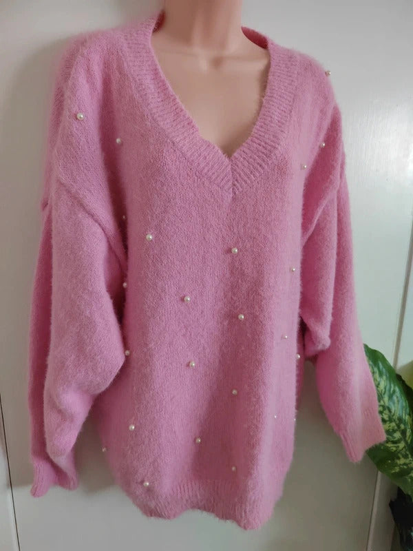 SHEIN Curve Pink Faux Pearl Embellished V-Neck Oversized Sweater – Size XL