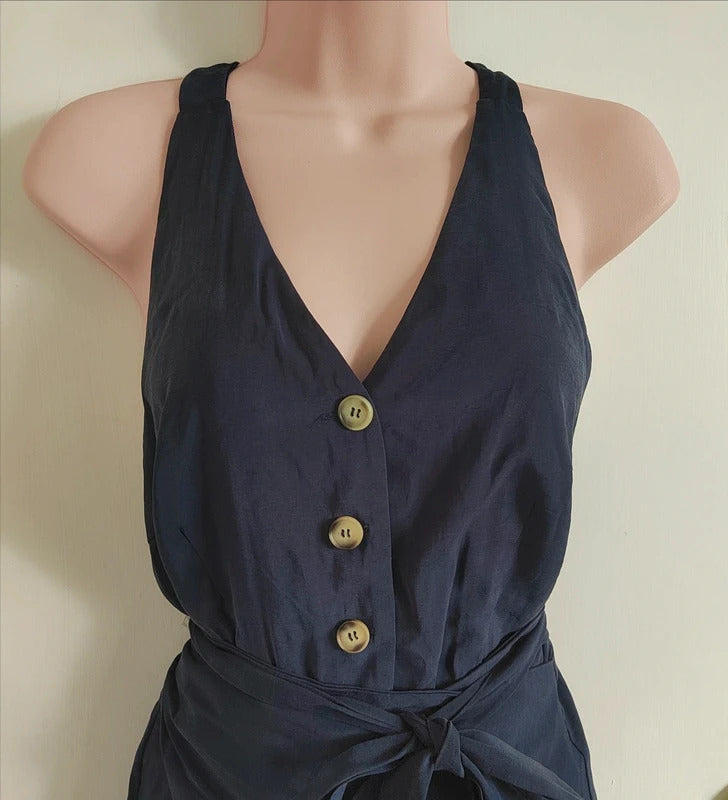 Paisie London Navy Button-Front Waist Tie Wide Leg Jumpsuit – Size UK 12