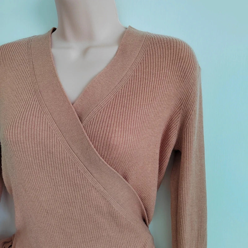 Paisie Terracotta Ribbed Long Sleeve Wrap Knit Jumper – Size Large