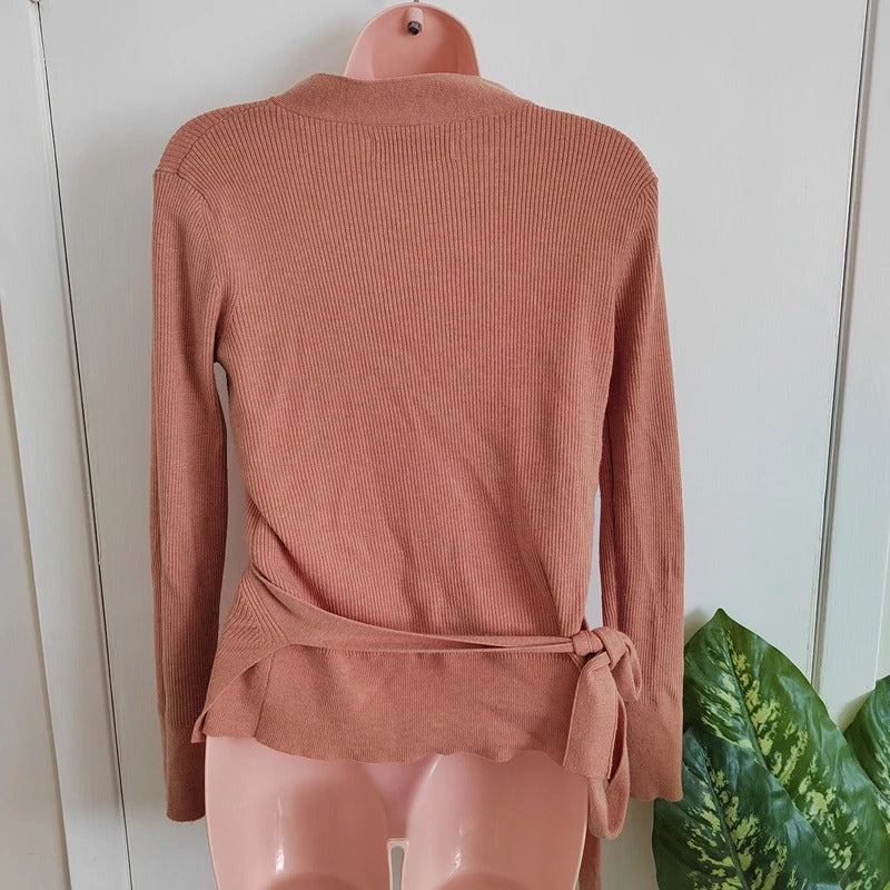 Paisie Terracotta Ribbed Long Sleeve Wrap Knit Jumper – Size Large