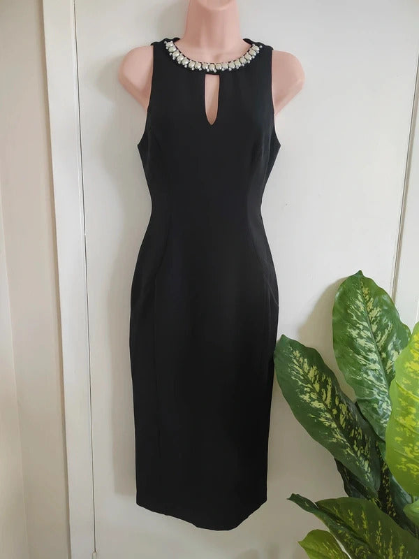 London Times Pearl Embellished Halter Neck Midi Sheath Dress – Black (Size US 4 / UK 8)