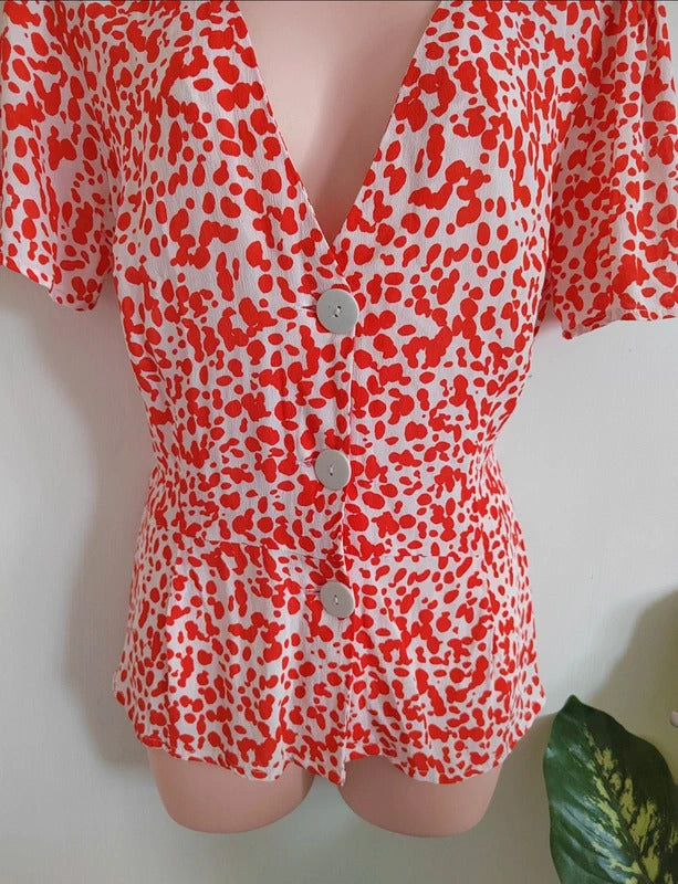 River Island Red and White Animal Print Button-Front Tea Top – Size 12